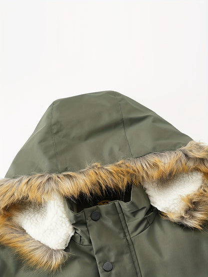 Men'S Winter Hooded Jacket with Fleece Lining - Thickened Zip-Up Coat, Multiple Pockets, Detachable Hood, Olive Green, Casual Sporty Style for Cold Weather, Winter Jacket, Durable Outerwear, Winter Coat Men, Coat With Variabl