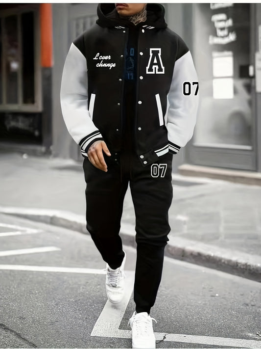 Տղամարդու A07 սպորտային, առօրյա բեյսբոլի հագուստ - սև-սպիտակ «A» տառատեսակով բաճկոն՝ գրպաններով, համապատասխան տաբատ, պոլիեսթերի խառնուրդ, աշուն/ձմեռ, առօրյա սպորտային հագուստ | Տառային տպագրությամբ բաճկոն | Տրիկոտաժե կառուցվածք, բեյսբոլի հագուստ