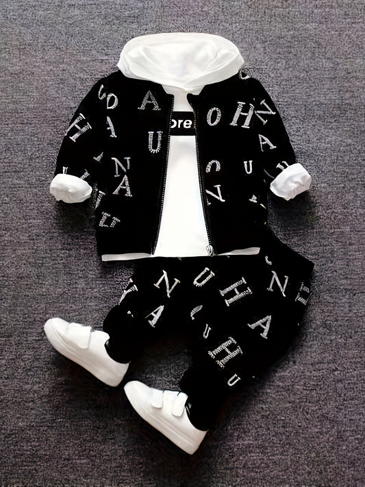 BabiColor Boys' 3pcs Cotton Blend Outfit Set - Letter Print Hoodie, Zip-Up Jacket & Pants for Spring/Fall, Perfect for Outdoor - Ayq