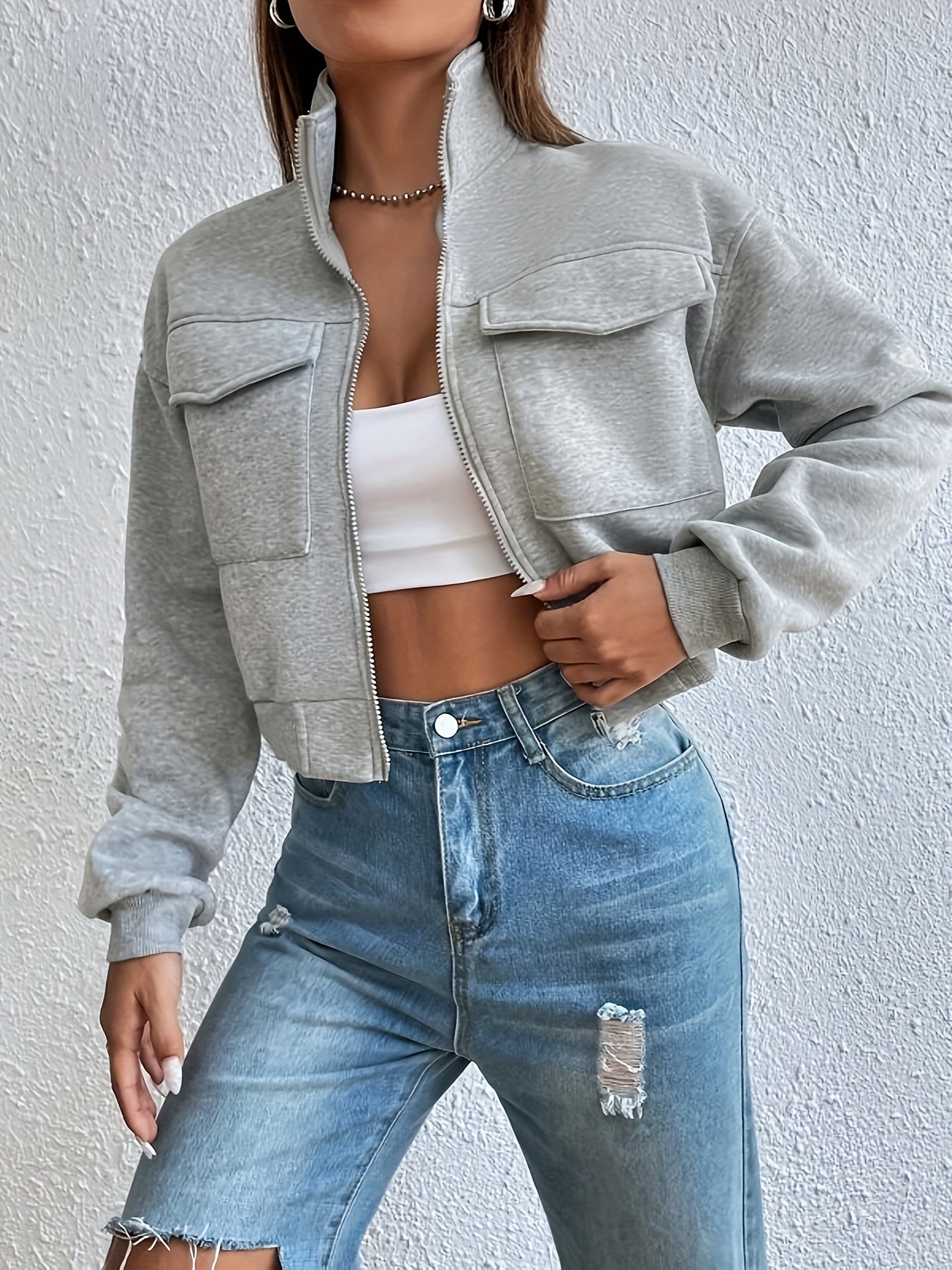 Zip Front Flap Pockets Jacket, Casual Turtleneck Crop Jacket For Fall, Women's Clothing - ayq