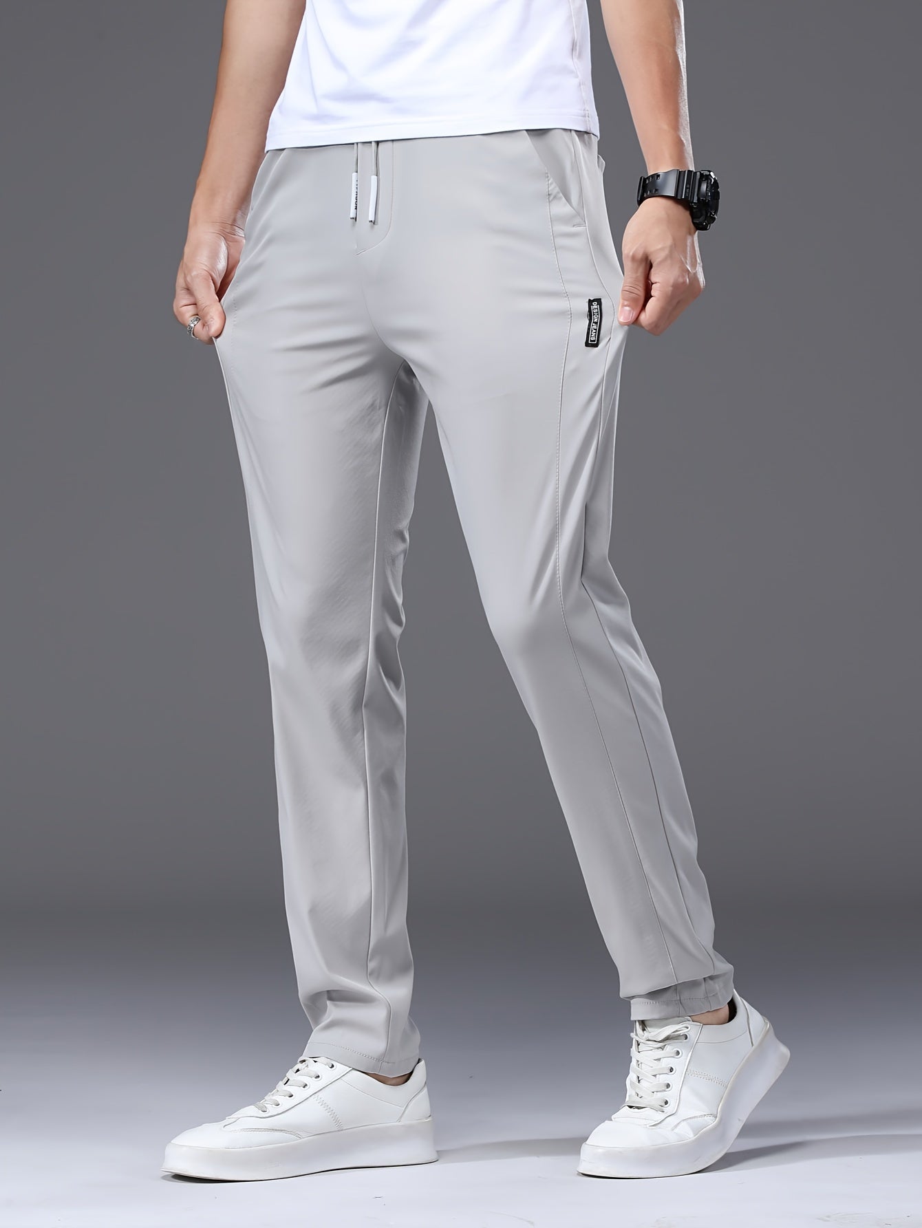 Men's Slim Fit Casual Drawstring Sports Pants, Summer Lightweight Trendy Elastic Quick-Dry Long Trousers, Stylish Comfortable Leisure Wear