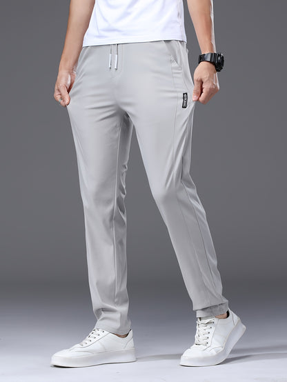 Men's Slim Fit Casual Drawstring Sports Pants, Summer Lightweight Trendy Elastic Quick-Dry Long Trousers, Stylish Comfortable Leisure Wear