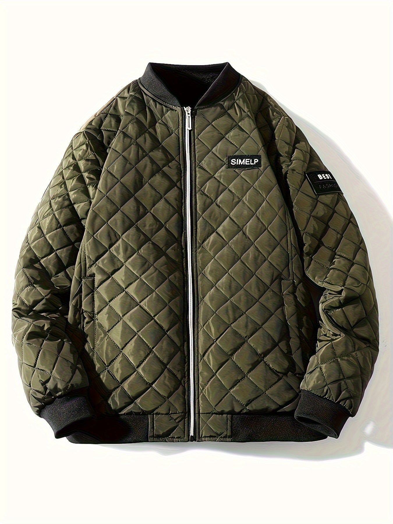 Men's Casual Quilted Zip Up Jacket, Chic Baseball Collar Jacket For Fall Winter