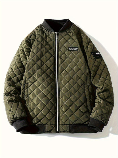 Men's Casual Quilted Zip Up Jacket, Chic Baseball Collar Jacket For Fall Winter