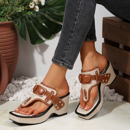 Կանացի հաստ հարթակային սանդալներ մետաղական կեռիկներով - Սահող քառակուսի քթով, շնչող գործվածքից պատրաստված վերին մաս, ռետինե ներբան՝ առօրյա հարմարավետության համար, հարմարավետ կոշիկներ, նրբագեղ դիզայն, դիմացկուն կոշիկներ՝ ամուր կպչունության համար։