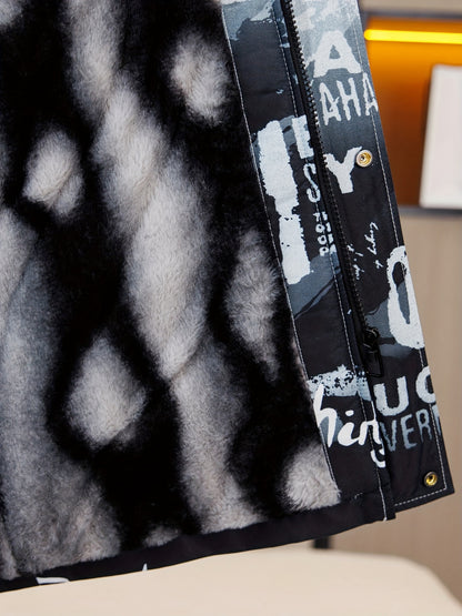 Men's Heavy-Duty Hooded Winter Jacket with Mountain Logo Back Print, Full-Zip Long Coat & Pockets - Large Hood for Extreme Cold, Machine Washable -Filled Outerwear (Casual/Climbing/Skiing) - Black, Winter Boots For Men, Men W