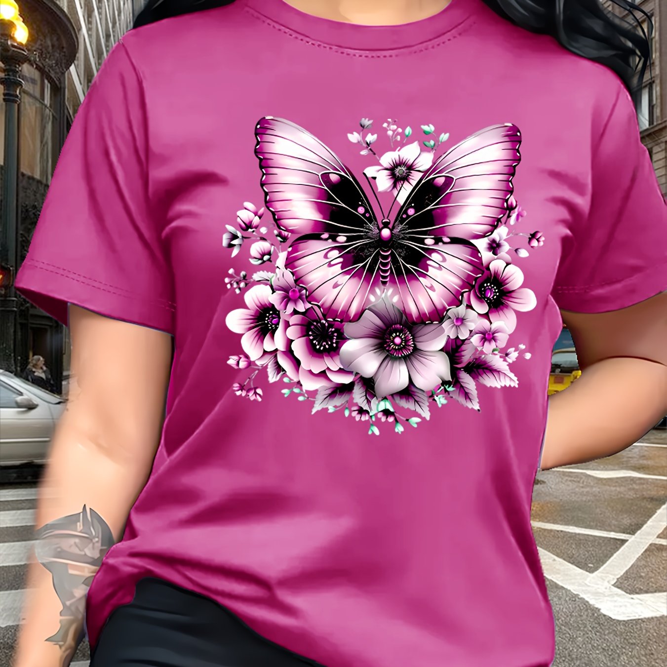 Circle Chic թիթեռի նախշերով շապիկ - նրբագեղ դիզայն, կլոր վզնոցով ամենօրյա վերնաշապիկ - շնչող և թեթև, իդեալական է գարուն/ամառ զգեստապահարանի համար