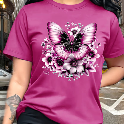 Circle Chic թիթեռի նախշերով շապիկ - նրբագեղ դիզայն, կլոր վզնոցով ամենօրյա վերնաշապիկ - շնչող և թեթև, իդեալական է գարուն/ամառ զգեստապահարանի համար