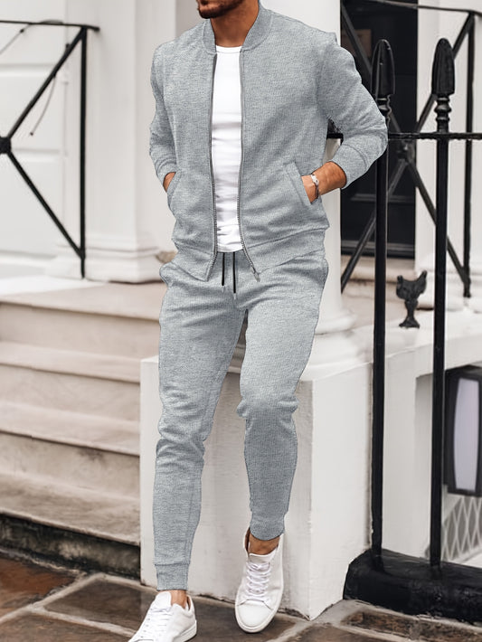 Տղամարդու առօրյա պոլիեսթերային սպորտային համազգեստի հավաքածու՝ բեյսբոլի օձիքով և թեթևակի ձգվող - Միագույն երկար թևքերով տրիկոտաժե գործվածքից սպորտային համազգեստ՝ աշուն/ձմեռ