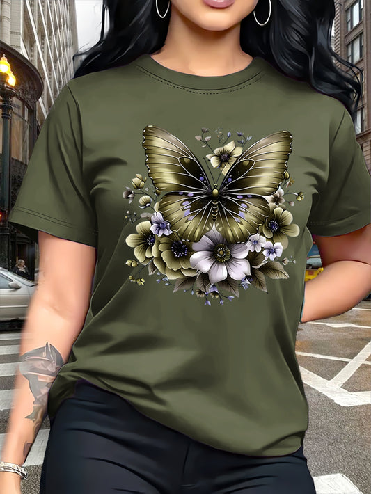 Circle Chic Butterfly Print T-Shirt - Exquisite Design, Casual Round Neck Top - Breathable and Lightweight, Perfect for Spring/Summer Wardrobe