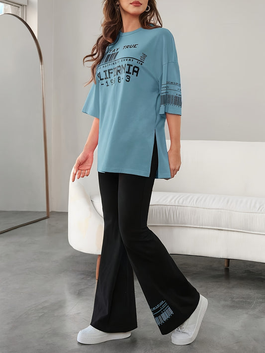 Կանացի նորաձև տառերով տպագրությամբ կլոր օձիքով վերնաշապիկի և տաբատի հավաքածու