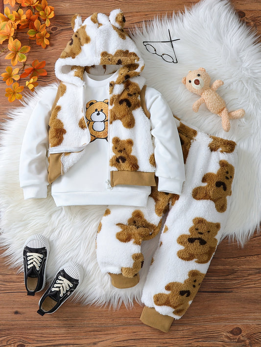 3pcs Boys' Cozy Fleece-Lined Hooded Zip-Up Jacket & Pants Set - Cute Bear Print, Long Sleeve, Warm Winter Outfit with Pockets, Casual Playwear for Toddlers & Youngsters, for Outdoor