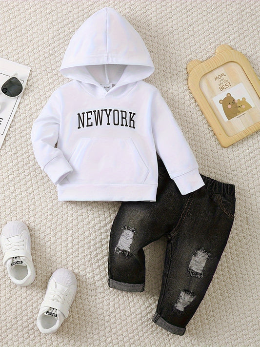 Baby Boy's Casual Long Sleeve Romper And Cotton Pants Set, Soft Polyester Blend, Alphabet Pattern, Spring/Autumn Wear, Outdoor Cloth - Ayq