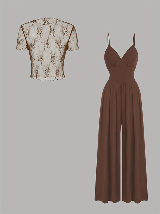 Elegant Mesh Long Sleeve Crop Top & Bodycon Wide-Leg Jumpsuit Set - Chic V-Neck, Ruched Detail, Black Mesh Blouse with Spaghetti Straps, Wide Leg Pants for Spring/Summer, Women'S Fashion, Clothing | Relaxed Fit | Chic Desig