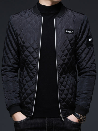 Men's Casual Quilted Zip Up Jacket, Chic Baseball Collar Jacket For Fall Winter