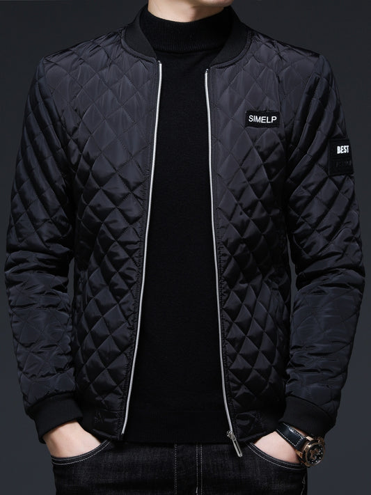 Men's Casual Quilted Zip Up Jacket, Chic Baseball Collar Jacket For Fall Winter