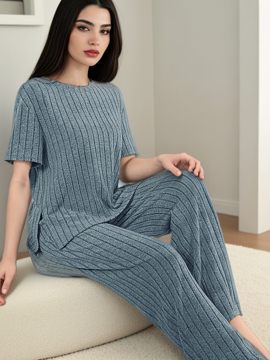 Կանացի ամուր, երիզավոր, էլեգանտ, ազատ չափսի զգեստի հավաքածու, կարճ թևքերով, կլոր վզնոցով վերնաշապիկ և տաբատ, հարմարավետ, ազատ չափսի