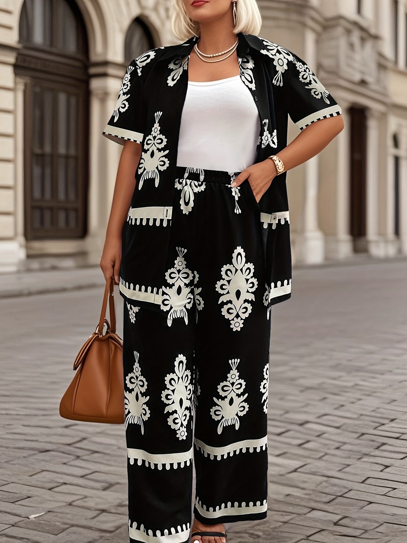 Casual Country Print Pattern Loose Short Sleeve Top and Pants Two-Piece Set Summer Clothes, Elegant Summer Evening Mist