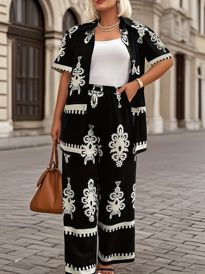 Casual Country Print Pattern Loose Short Sleeve Top and Pants Two-Piece Set Summer Clothes, Elegant Summer Evening Mist