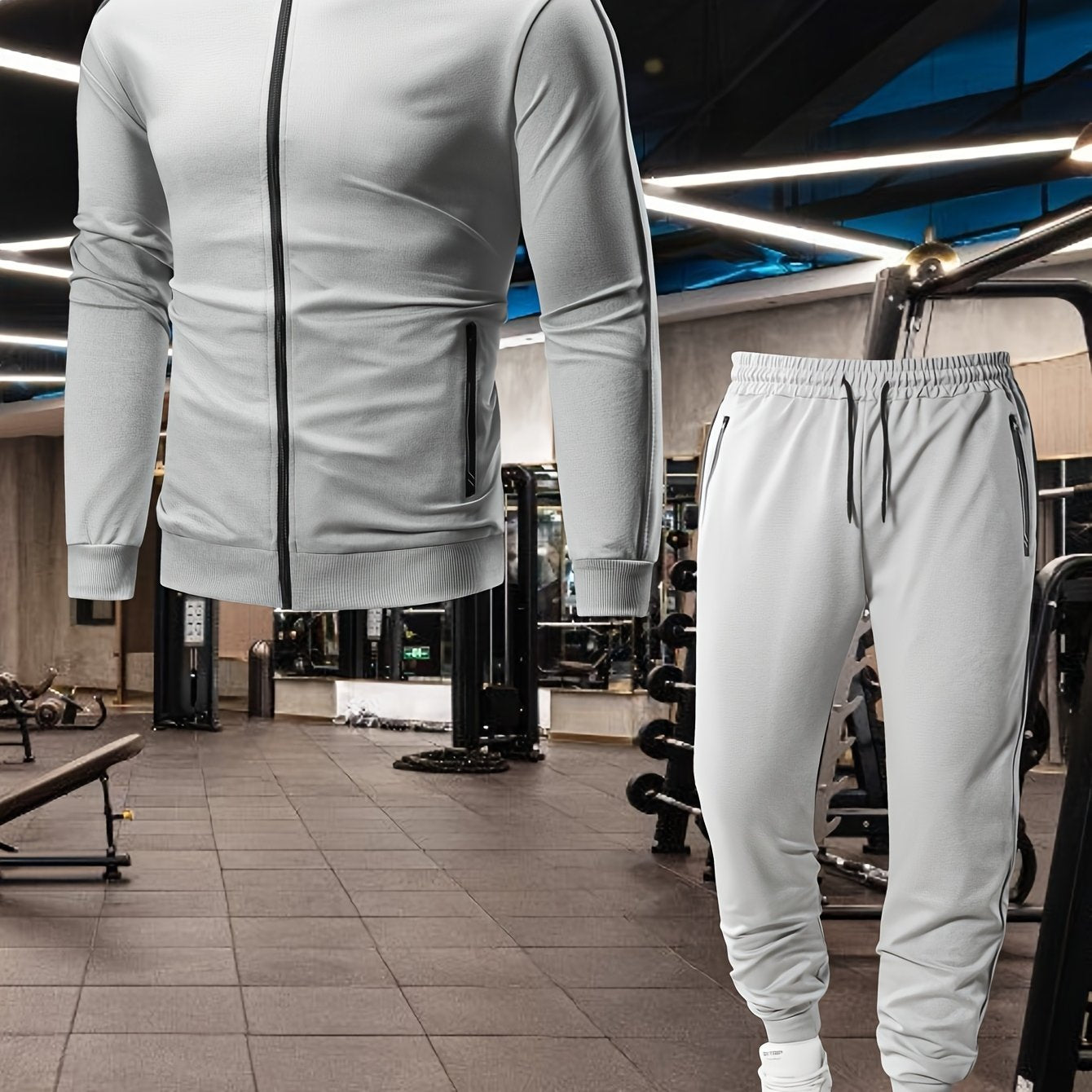 Տղամարդու առօրյա սպորտային հագուստի հավաքածու՝ Գարուն/աշուն՝ կանգնած օձիքով բաճկոն, երկու մասից բաղկացած հավաքածու՝ ժապավենով ձգվող առաձգական գոտկատեղով տաբատով, տղամարդու վերին և ստորին հագուստ վազքի համար, կայծակաճարմանդով գրպանի դիզայն