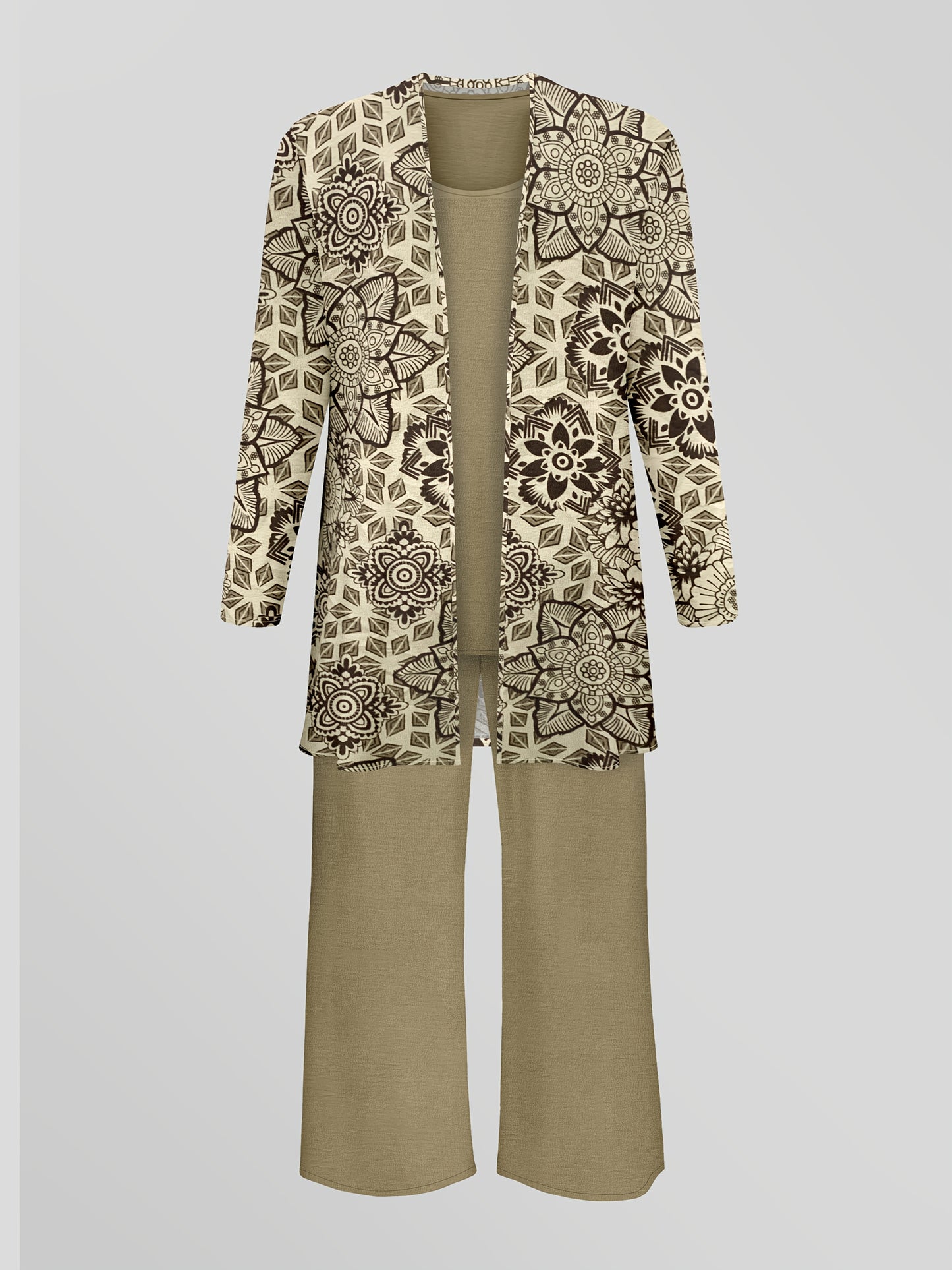 Stylish Elegant Set, Printed Long Sleeve Cardigan with Solid Color Vest and Casual Pants, Everyday Three-Piece Outfit