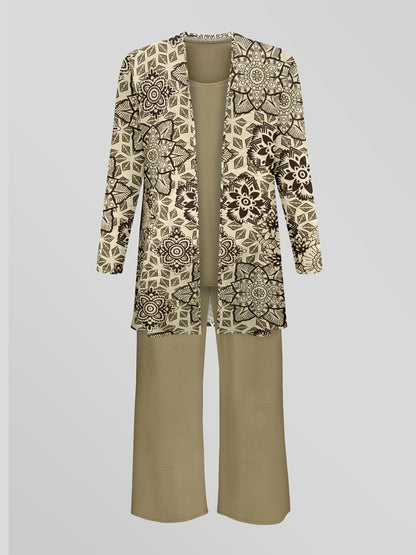 Stylish Elegant Set, Printed Long Sleeve Cardigan with Solid Color Vest and Casual Pants, Everyday Three-Piece Outfit