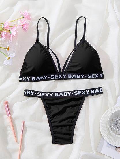 Women's Sexy Backless Lingerie Set, High-Waisted Panties with Alphabet Print, Deep V Strappy Bra, Knit Fabric Underwear for Adults - Ayq