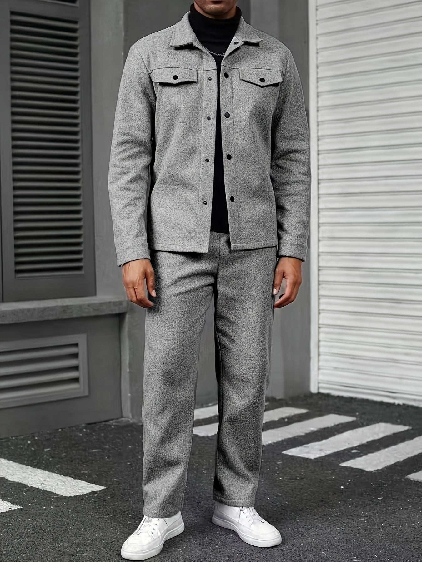 Տղամարդու երկկտոր առօրյա հագուստ - սև կոճակներով վերնաշապիկ և տաբատ, երկար թևքերով, ազատ չափսերով, չձգվող գործվածքով, իդեալական է գարնան/աշնան համար, առօրյա հագուստ | ազատ չափսերով | կոճակներով վերնաշապիկ