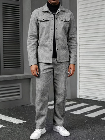 Տղամարդու երկկտոր առօրյա հագուստ - սև կոճակներով վերնաշապիկ և տաբատ, երկար թևքերով, ազատ չափսերով, չձգվող գործվածքով, իդեալական է գարնան/աշնան համար, առօրյա հագուստ | ազատ չափսերով | կոճակներով վերնաշապիկ