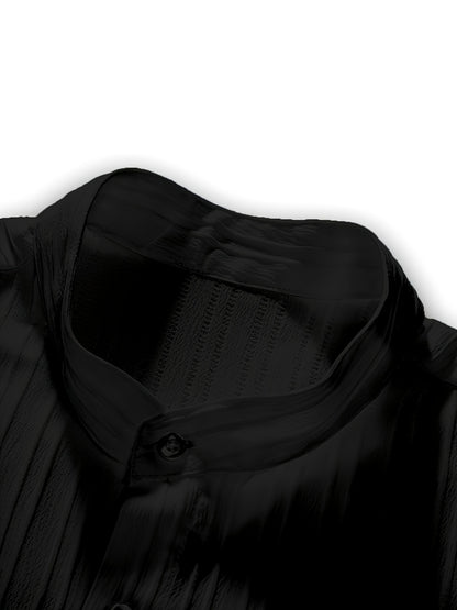 2-Piece Men's Summer Striped Polyester Suit, Short Sleeve Stand Collar Shirt and Drawstring Pants, Non-Stretch Fabric, Suitable for Casual Wear and Beach Vacation, Solid Color