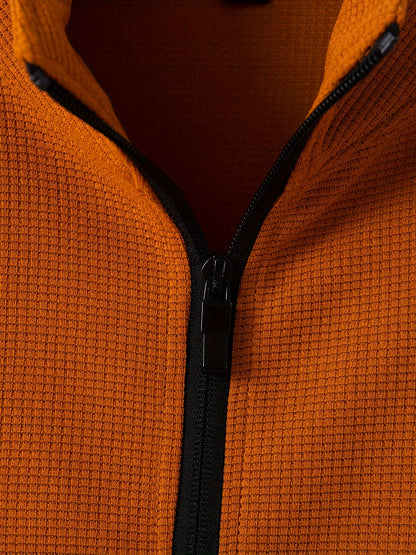 Տղամարդու սպորտային գունային բլոկով կայծակաճարմանդով բաճկոնի և վազքի տաբատի հավաքածու - պոլիեսթերի խառնուրդ, իդեալական է գարնան/աշնան համար