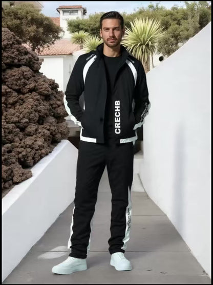 Գարնան և աշնան համար նախատեսված սպորտային հագուստի համալիր, որը ներառում է կանգնած օձիքով և սև ու սպիտակ գծավոր երկար տաբատով ճարմանդով բաճկոն, ոճային հանդերձանք, որը հիանալի նվեր է, քրտինքից պաշտպանված, միայն ձեռքով լվանալ, մարզումների համար աքսեսուար: