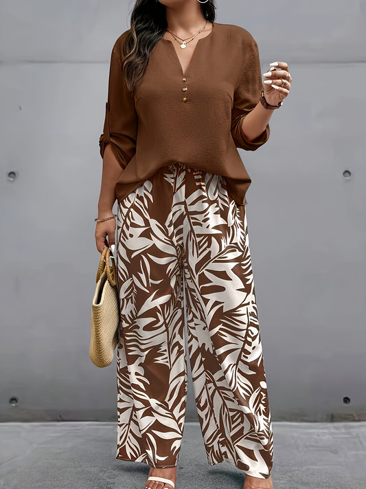 Ամառային կանացի նորաձև կարճ թևքերով, V-աձև դեկոլտեով, միագույն վերնաշապիկ՝ բույսերի նախշերով, լայն տաբատ՝ երկու մասից բաղկացած հավաքածու