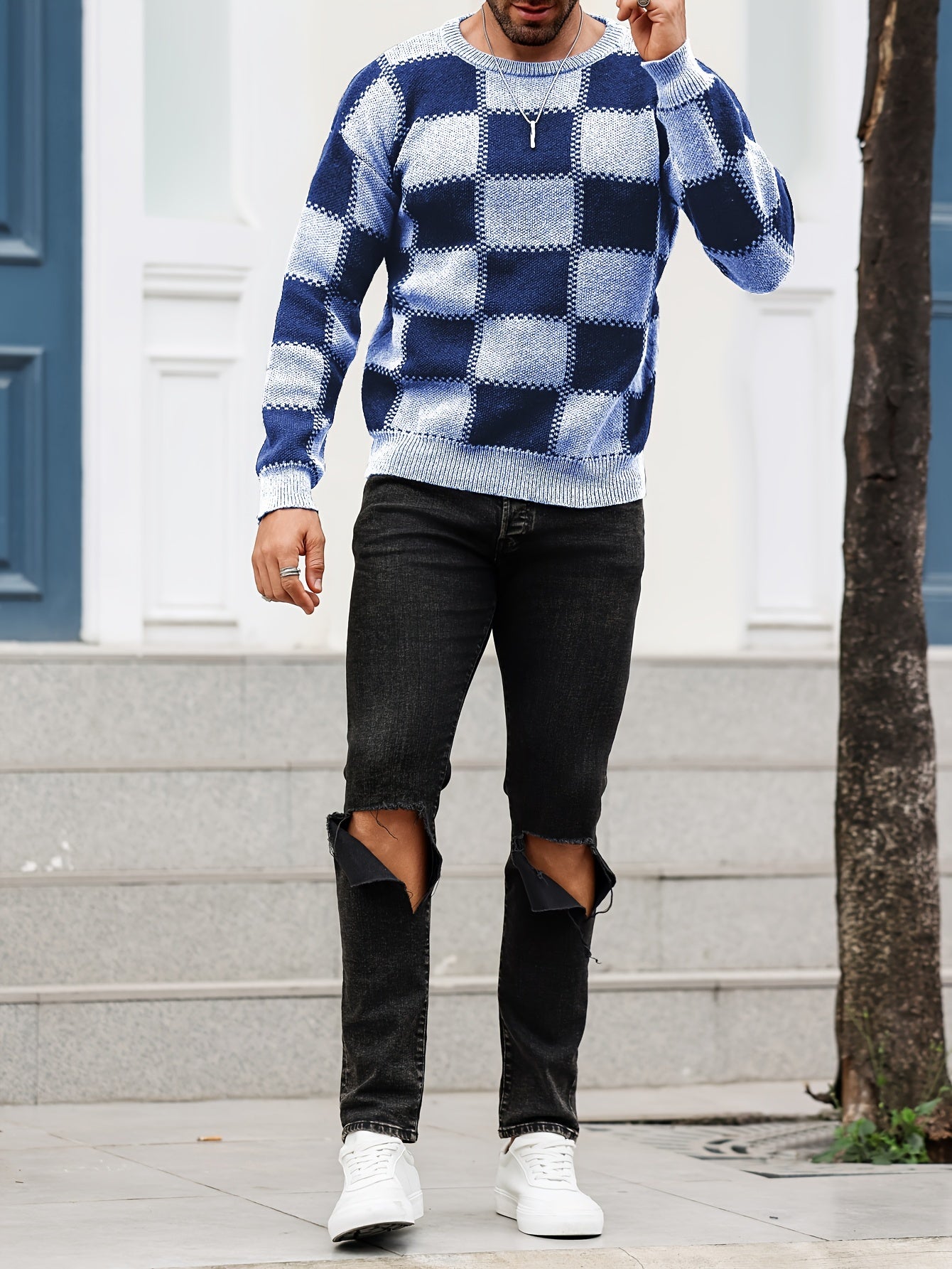 Տղամարդկանց գունաբլոկինգ տեքստուրային պրինտ, պատահական թրենդային սվիտեր, երկարաթև պուլովեր՝ որպես նվեր աշնան և ձմռան համար