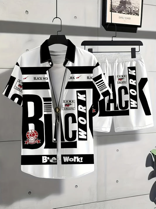 2 հատ տղամարդու առօրյա մեկնման վերնաշապիկի հավաքածու՝ 3D թվային տպագրությամբ, տպագիր օձիքով վերնաշապիկի և շորտերի հավաքածու՝ թեթևակի առաձգականությամբ և կոճակներով։