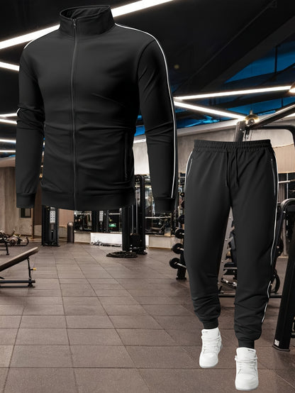 Տղամարդու առօրյա սպորտային հագուստի հավաքածու՝ Գարուն/աշուն՝ կանգնած օձիքով բաճկոն, երկու մասից բաղկացած հավաքածու՝ ժապավենով ձգվող առաձգական գոտկատեղով տաբատով, տղամարդու վերին և ստորին հագուստ վազքի համար, կայծակաճարմանդով գրպանի դիզայն