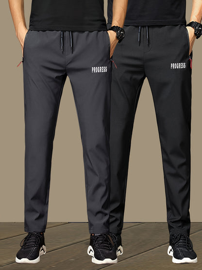 2 հատ Տղամարդկանց թեթև ջոջեր - արագ չորացող շնչող պոլիեսթեր, ոճային «PRINCESS» տպագրություն գոտկատեղով և կայծակաճարմանդ գրպաններով, Սև պատահական սպորտային տաբատ ամենօրյա հագուստի համար, կարգավորելի հարմարավետ տաբատ | Նորաոճ տպագիր ջոջեր | Ս