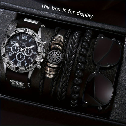 5 հատ տղամարդու գործնական ժամացույց՝ ոճային կլոր քվարցային ժամացույց՝ էլեկտրոնային մեխանիզմով + երեք թևնոցով, նորաձև ակնոց, հարմար է գրասենյակի և պաշտոնական առիթների համար՝ իդեալական նվեր մասնագետների համար