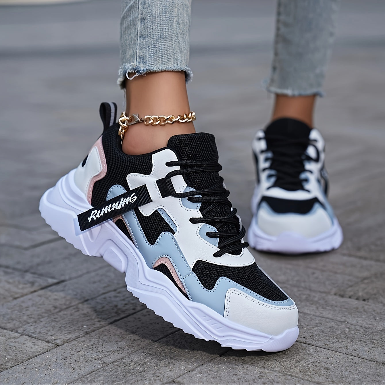 Women's Casual Color Blocking Design Non-slip And Wear Resistant Sneakers, Trendy And Comfortable, Versatile Height Increasing Thick Soled Sports Shoes