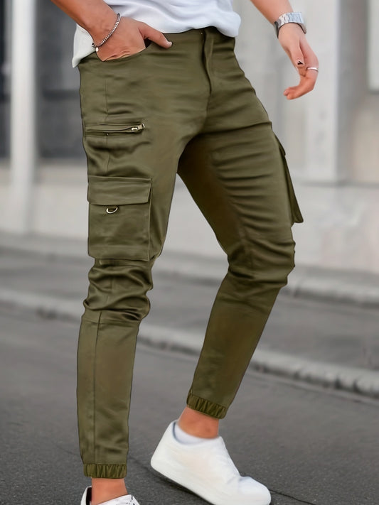 Men's Solid Color Multi-pocket Cargo Pants With Drawstrings, Casual Stylish Sports Trousers As Gift