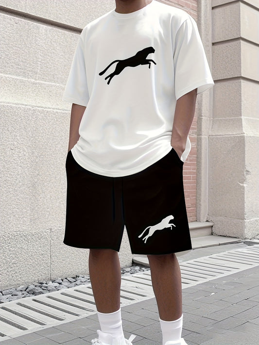 Leopard Print 3D Printed Men's Casual Sportswear Set - Breathable Polyester Knit Fabric, Crew Neck Short Sleeve T-Shirt and Shorts Combo, Regular Fit for All Seasons