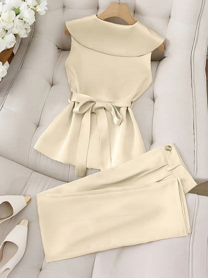 2 հատ էլեգանտ պոլիեսթերային տաբատային հավաքածու, ջրվեժաձև օձիք, միագույն անթև վերնաշապիկ և տաբատ, պոլիեսթերի և սպանդեքսի խառնուրդ, ժապավենաձև դետալներով, գարնանային և ամառային ոճ - Nian Nian