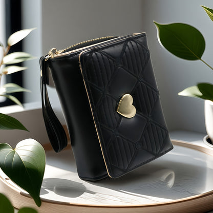 Fashion Rhombus Heart Pattern Tri-Fold Multi-Card Slot Zippered Compartment Multi-Functional Portable Mini Women's Wallet