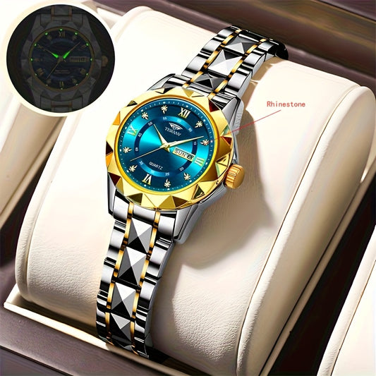 1pc Women's Stainless Steel Watch with Luminous Blue Dial, Date & Day Display, High Quality IPX7, Quartz Movement - Casual Elegant Design for Sports & Travel, Birthday Holiday Gift, Casual Attire, Secure Clasp Wristwatch