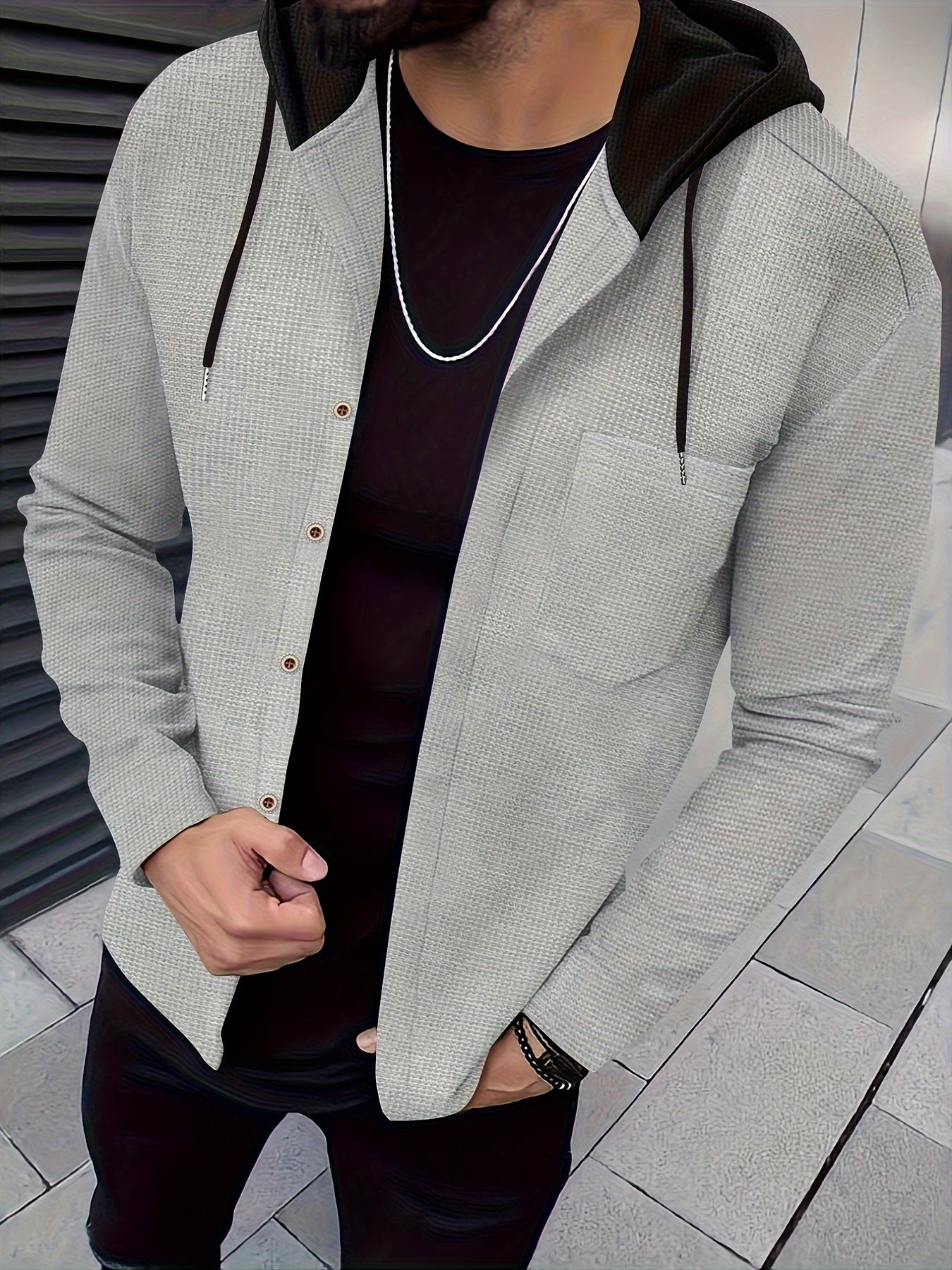 Տղամարդու առօրյա գլխարկով բաճկոն - փափուկ, շնչող պոլիեսթերից՝ կոճակներով դիզայնով և գրպաններով | Հիանալի է գարնանային, աշնանային և բացօթյա գործունեության համար, երկար թևքերով, նորաձև, ամենօրյա, հանգստի ոճով, ավանդական տարբերակով