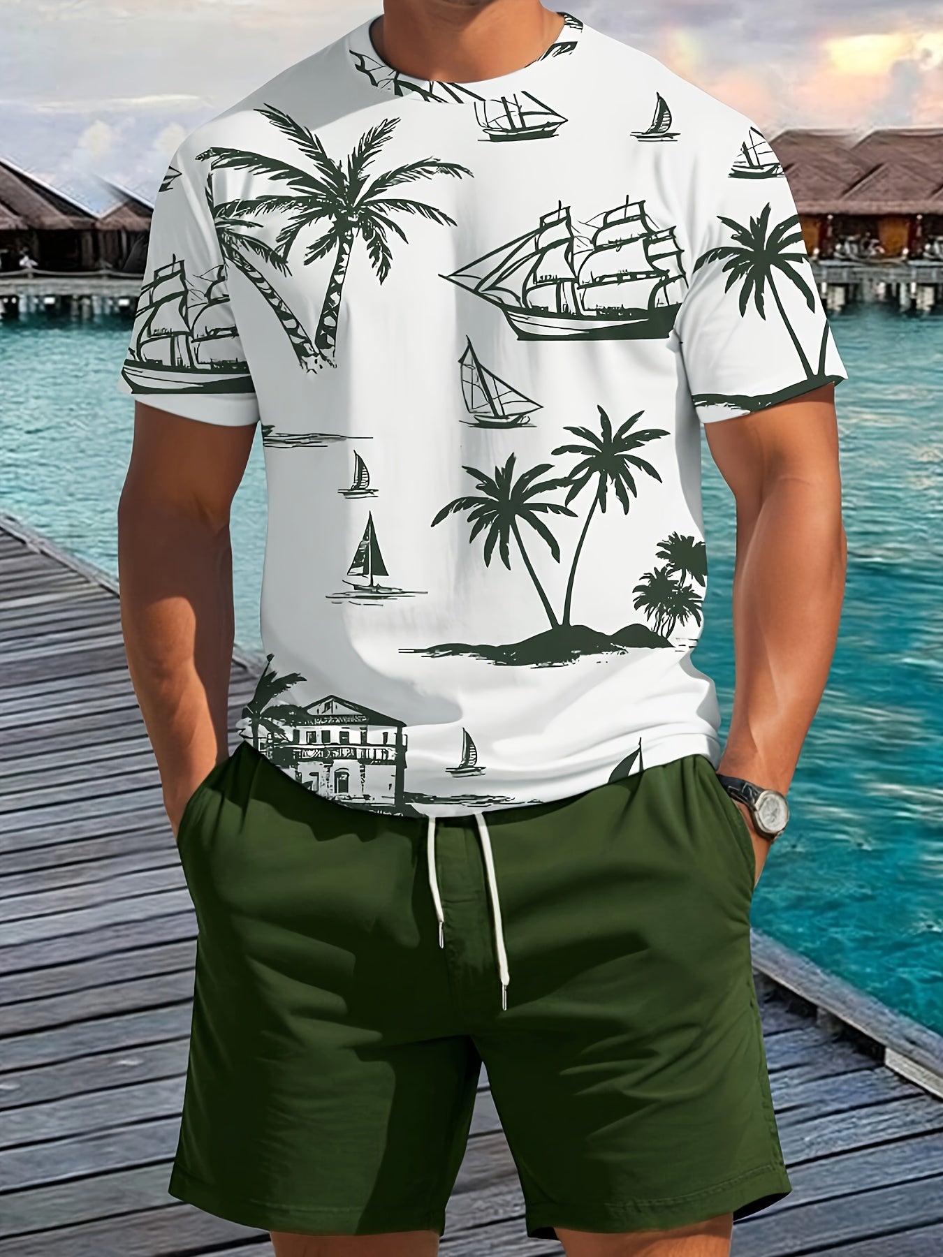 Men'S 2pcs Summer Outfit Set - Coconut & Yacht Print, Crew Neck, Knit Polyester 100%, Slight Stretch, Regular Fit, Casual Weekend Wear, 180gsm - Daily & Leisure Style
