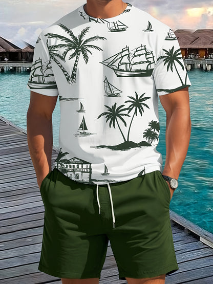 Men'S 2pcs Summer Outfit Set - Coconut & Yacht Print, Crew Neck, Knit Polyester 100%, Slight Stretch, Regular Fit, Casual Weekend Wear, 180gsm - Daily & Leisure Style
