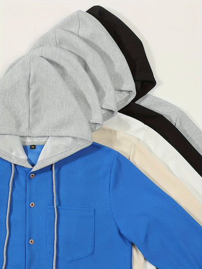 Տղամարդու առօրյա գլխարկով բաճկոն - փափուկ, շնչող պոլիեսթերից՝ կոճակներով դիզայնով և գրպաններով | Հիանալի է գարնանային, աշնանային և բացօթյա գործունեության համար, երկար թևքերով, նորաձև, ամենօրյա, հանգստի ոճով, ավանդական տարբերակով