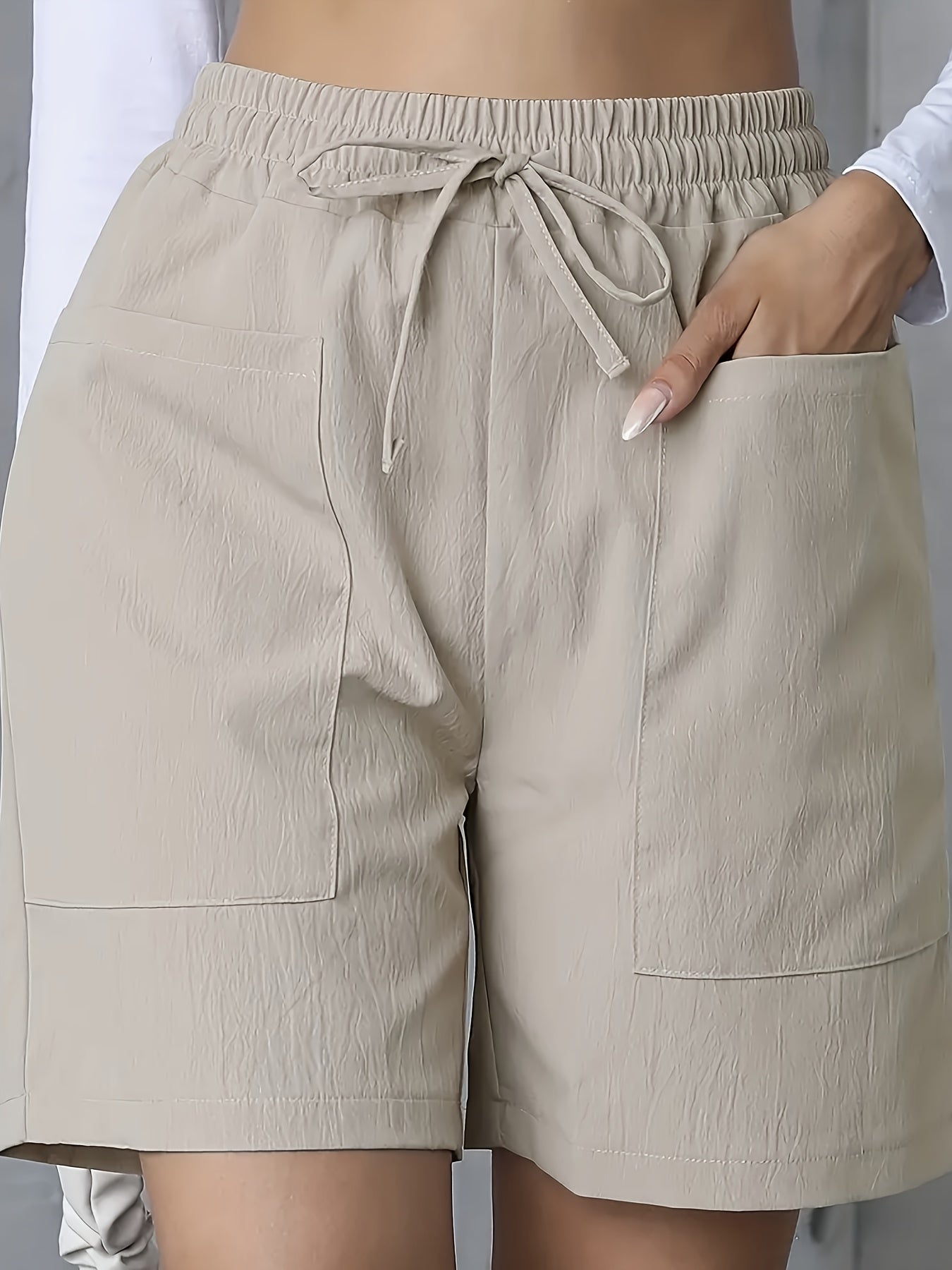 Կանացի հանգստի էլեգանտ առօրյա միաձույլ պոլիեսթեր կարճ շալվար, սովորական եզրագծով, չձգվող, գրպանով, գարնան, ամառ, աշնան համար