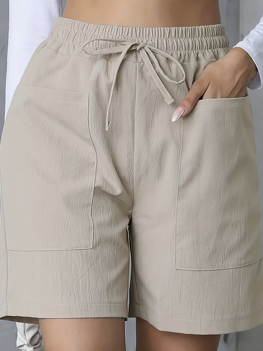 Կանացի հանգստի էլեգանտ առօրյա միաձույլ պոլիեսթեր կարճ շալվար, սովորական եզրագծով, չձգվող, գրպանով, գարնան, ամառ, աշնան համար